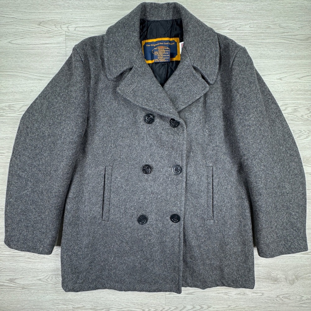 VINTAGE Fox Knapp Men's Pea Coat Gray 42 Wool Blend Quilted Lining Made in USA